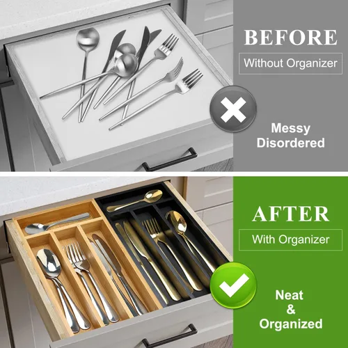 Vista 5 de Ayiaren Bandeja organizadora de cubiertos de madera pequeña, divisores estrechos para cajones de cocina, organizadores de utensilios