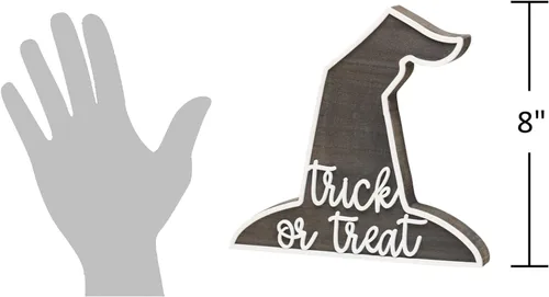 Vista 2 de Collins Painting Letrero de madera con sombrero de bruja con texto en inglés "Trick or Treat", letrero de madera de otoño para otoño, decoración
