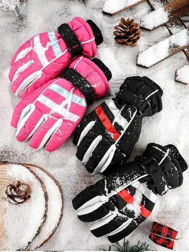 Vista 7 de 2 pares de guantes de esquí para niños, guantes de invierno impermeables para nieve, gruesos y cálidos, guantes de snowboard para niños y niñas