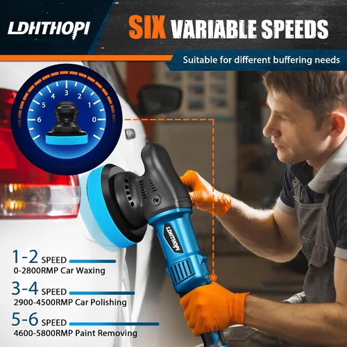 Vista 3 de LDHTHOPI Pulidora de doble acción, 980W 5/6 Pulgadas, 9MM, pulidora orbital aleatoria de 980W para detalles de automóviles, 2800-5800RPM, pulidora