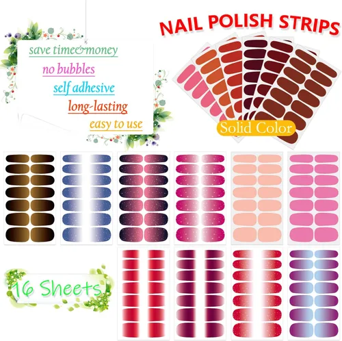 Vista 2 de 16 hojas de calcomanías de esmalte de uñas, envolturas de uñas completas con purpurina, tiras de esmalte de uñas de color sólido, tiras de uñas