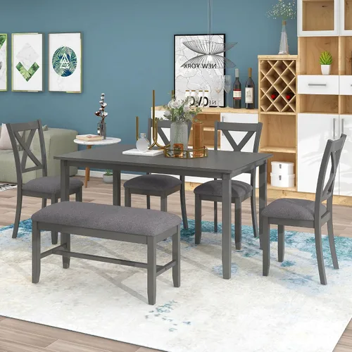 Vista 19 de LUMISOL Farmhouse - Juego de mesa de comedor de 6 piezas con banco, marrón + blanco lavado