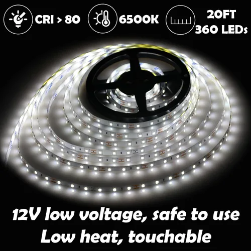 Vista 3 de Kit de tira de luz LED blanca de 20 pies, tira de luz de 6500 K, 360 LED de 12 V, tiras de luz LED flexibles para dormitorio, cocina, debajo