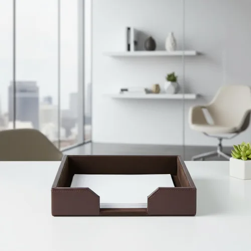 Vista 3 de Dacasso Bandeja de lujo de cuero regenerado marrón oscuro, organizador de papel para artículos esenciales de oficina y decoración de escritorio