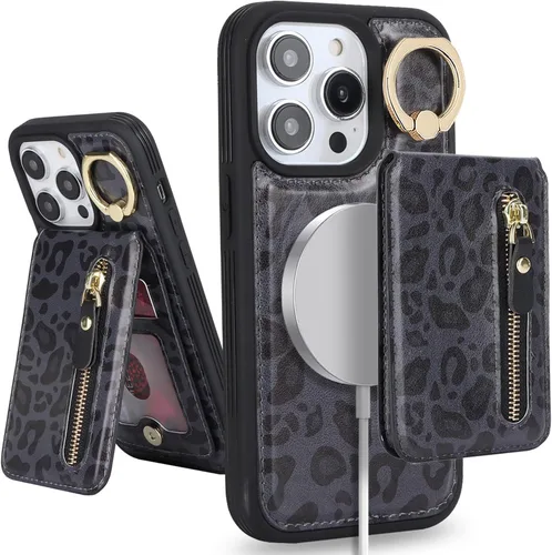 Vista 30 de para iPhone 14 Funda con soporte magnético Magsafe compatible, llavero de cuero PU plegable con soporte desmontable, funda tipo cartera 2-en-1