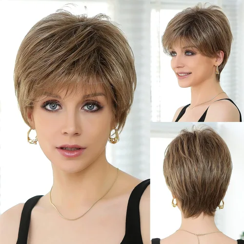 Vista 8 de HAIRCUBE Pelucas cortas de corte Pixie con textura de cabello humano para mujeres con flequillo pelucas sintéticas de repuesto - #17/101