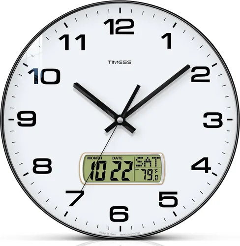 Vista 19 de Reloj de pared TIMESS, de 14" con gran esfera silenciosa y sin tictac, funciona con pilas, analógico con pantalla LCD para calendario perpetuo