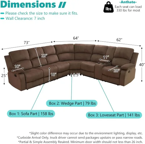 Vista 2 de Juego de sofá seccional reclinable manual, juegos de muebles de sala de estar, sofá seccional en forma de L y 2 sillas, cómodo sofá reclinable