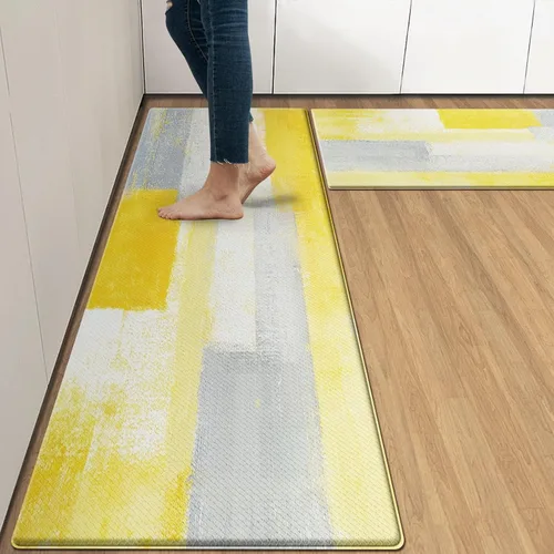 Vista 8 de Arttown Juego de 2 alfombras de cocina antifatiga con pintura marrón y gris, color beige, contemporánea, abstracta, acolchada, impermeable