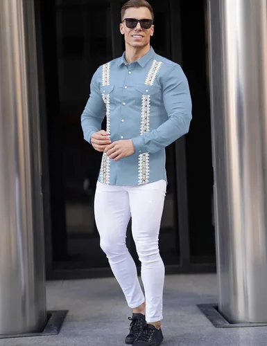 Vista 2 de KELLORENA Camisas de guayabera cubana de manga larga con botones, estilo mexicano, camisas de algodón para campamento