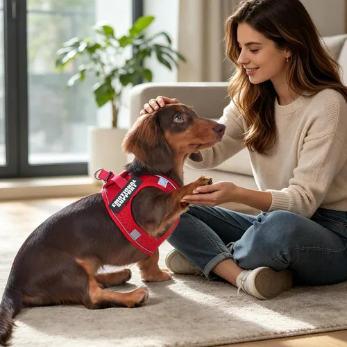Vista 7 de Arnés de chaleco de servicio para perros de raza pequeña con etiqueta de identificación, 50 tarjetas ADA, 10 parches extraíbles, arnés de apoyo