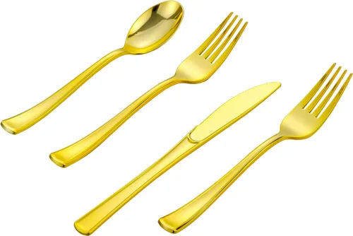 Vista 11 de Juego de 50 cubiertos de plástico dorado preenrollados con servilletas, juego de cubiertos desechables envueltos resistentes para bodas, fiestas