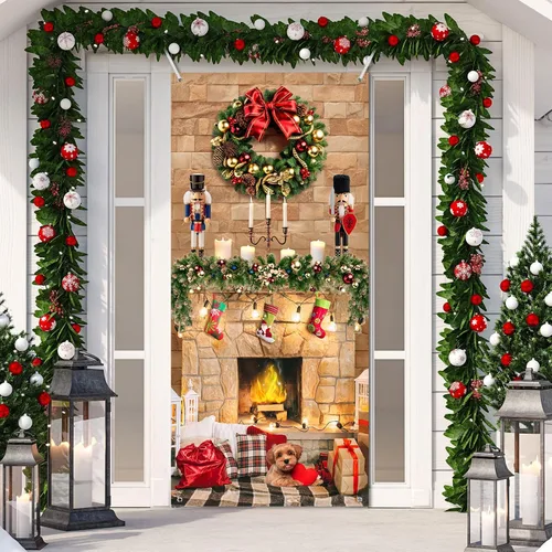 Vista 8 de Buryeah Decoración de puerta de Navidad, cubierta de puerta de chimenea de Navidad, pancarta de cascanueces de Navidad, telón de fondo, soporte