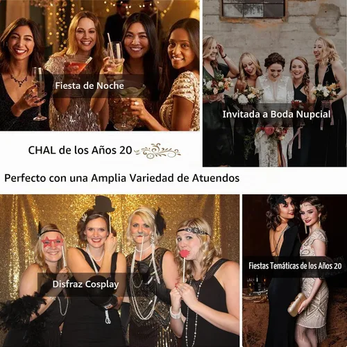 Vista 7 de Chales envolventes para mujer de los años 1920 con lentejuelas y cuentas, chales nupciales estilo flapper, capa de noche A #. Estilo 2-negro y dorado