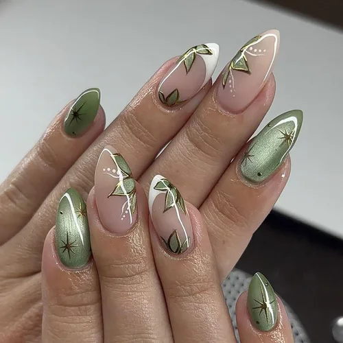 Vista 12 de Nude French Tip Acrylic Medium Almond Press on Nails Flower Fake Nails LHD-Almond-006-03