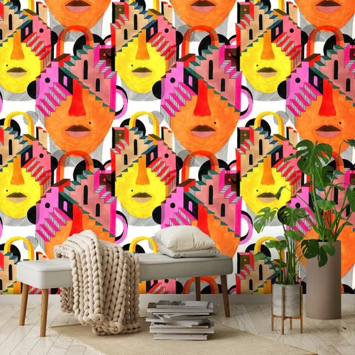 Vista 2 de Papel tapiz abstracto para escaleras, 17.71 x 118.1 pulgadas, color naranja y amarillo, papel de contacto brillante para pegar en papel de pared