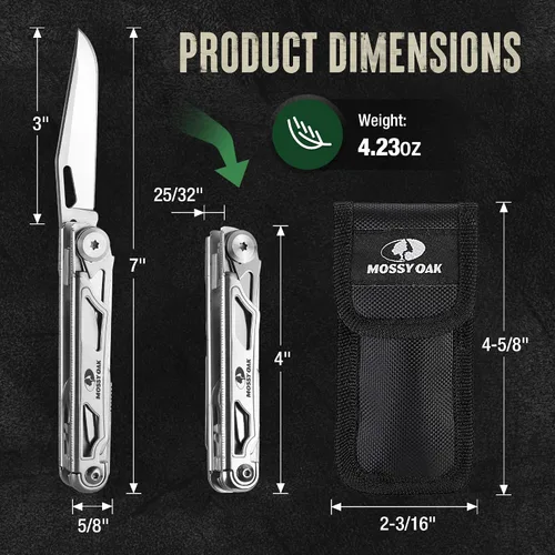 Vista 3 de Mossy Oak - Cuchillo multiherramienta plegable de bolsillo 12 en 1 con funda, cuchillo multiherramienta de acero inoxidable con clip, herramientas