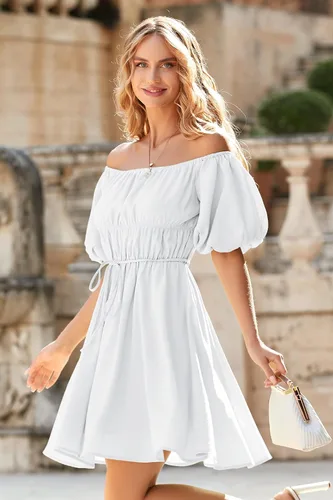 Vista 8 de PRETTYGARDEN Vestido babydoll con hombros descubiertos para mujer, manga corta abombada, casual, acampanado, con volantes, vestidos de verano