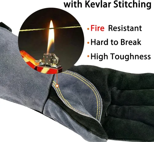 Vista 3 de WZQH Guantes de soldadura de cuero de 14 pulgadas, 932 ℉, pequeños, resistentes al calor/fuego, guantes pequeños para barbacoa, horno, parrilla