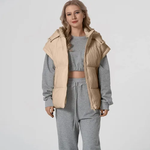 Vista 41 de Shiyifa Chaleco acolchado para mujer, chaqueta de gran tamaño, sin mangas, ligera, con cremallera, con capucha desmontable