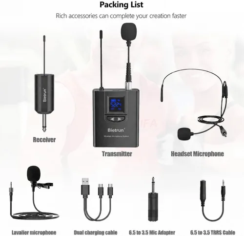 Vista 8 de Bietrun - Sistema de micrófono inalámbrico UHF Lavalier de solapa/micrófono para auriculares/micrófono de soporte, rango de 50.3 metros, transmisor