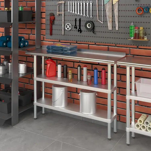 Vista 7 de AmGood Mesa de trabajo de acero inoxidable con protector contra salpicaduras de 1.5 pulgadas y 2 estantes Mesa de cocina de metal para preparación