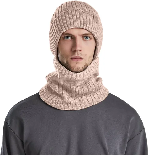 Vista 4 de Conjunto de gorro de invierno para hombre y mujer, gorro de punto holgado, gorro de calavera con puños acanalados, gorro térmico elástico