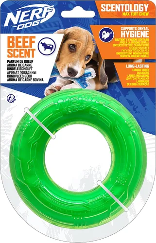 Vista 3 de Nerf Dog 5in TPR/PP - Anillo de superaroma de carne perfumada con núcleo sólido - transparente/verde