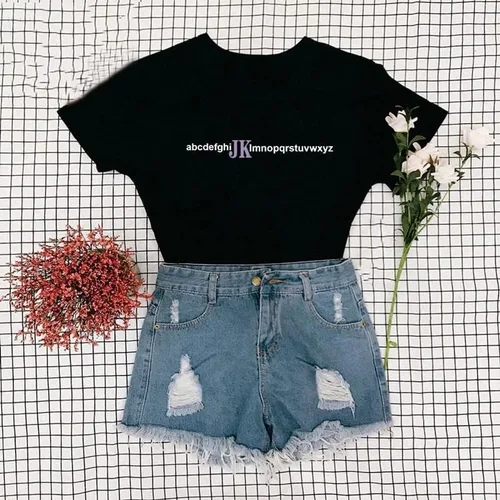 Vista 2 de B-TS Camisetas JK - Camiseta negra estampada con letras K Pop Merchandise XS, S, M, L, XL, XXL.