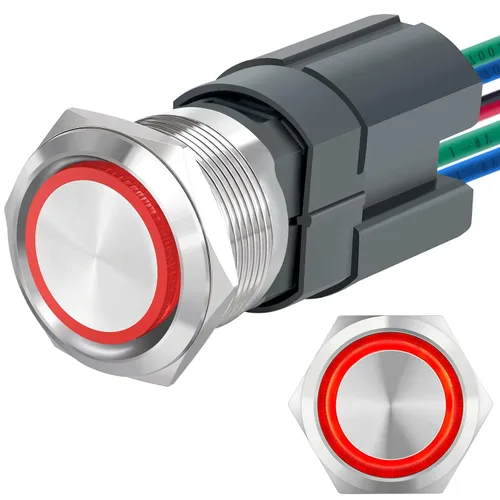 Vista 10 de Interruptor de botón de cierre de 15 amperios, 22 mm, 12 V CC, DPST, luz LED ojo de ángel, acero inoxidable 304, impermeable IP67 con enchufe