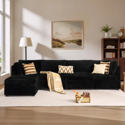 Vista 43 de Ovios - Sofá modular con diván en forma de U y otomanas, cómodo y mullido, tapizado en pana estilo nube, moderno, asiento profundo, juego de sofás