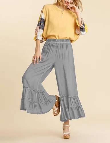 Vista 2 de Mundoven Pantalones de lino palazzo fluidos para mujer, elásticos, de cintura alta, pierna ancha, con volantes, holgados, pantalones de playa