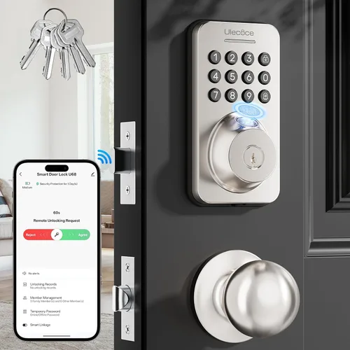 Vista 10 de Cerrojo de puerta de entrada sin llave Ulecoce con mango - WiFi incorporado, huella digital, control de aplicación y timbre, teclado electrónico