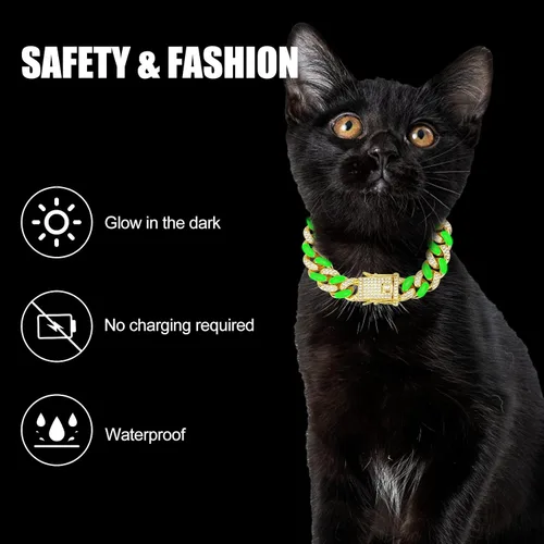 Vista 4 de Collar para perro de WimuPath con diamante verde enchapado en plata - Cadena de metal estilo cubano con hebilla de seguridad, collar lujoso