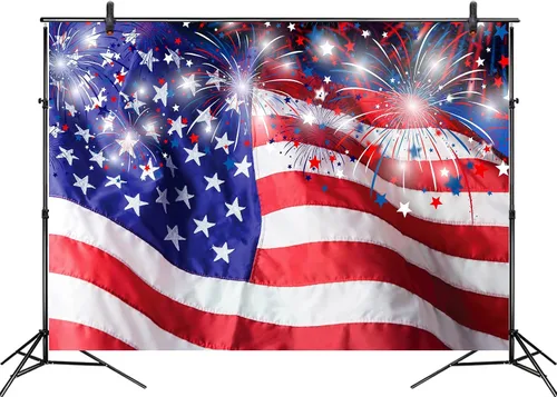 Vista 3 de LB Telón de fondo fotográfico del 4 de julio de 5 x 3 pies con bandera estadounidense y estrella con fuegos artificiales, telón de fondo