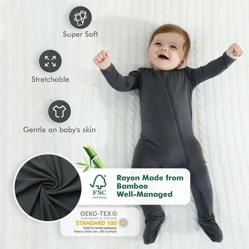 Vista 2 de HAPIU - Pijama de bambú con pies para bebé, con cremallera frontal de 2vías, mamelucos Sleep 'N Play, de 0a 24meses