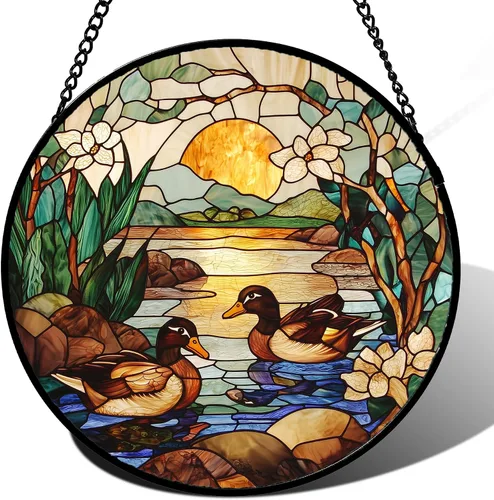 Vista 12 de Colgador de vidrieras para colgar, atardecer montañas, lago, árbol, atrapasoles para ventana, decoración del hogar, paisaje, día de la madre