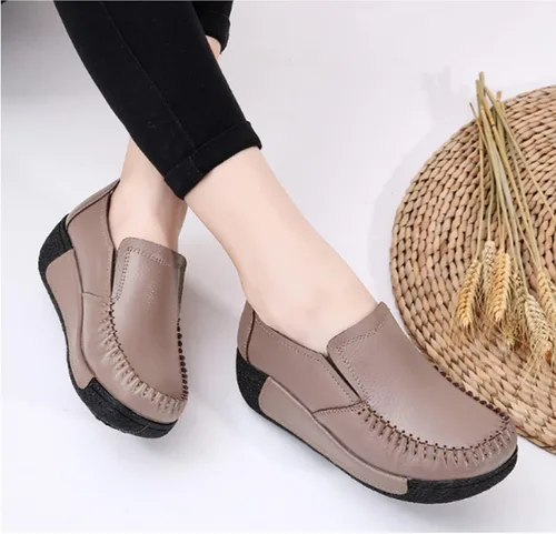 Vista 4 de Mocasines de cuero con plataforma para mujer, transpirables, antideslizantes, con buen arco, para enfermera, para caminar y caminar