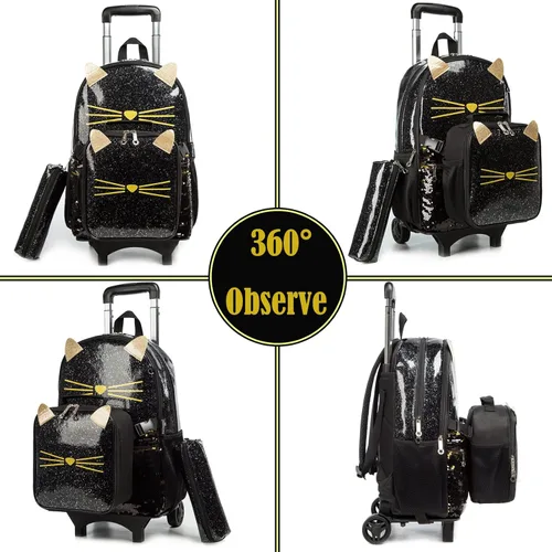 Vista 3 de Egchescebo Mochila de viaje para niños pequeños con ruedas para niños, mochila desmontable para niñas, color rosa, Negro-220223-l, Mochilas de viaje