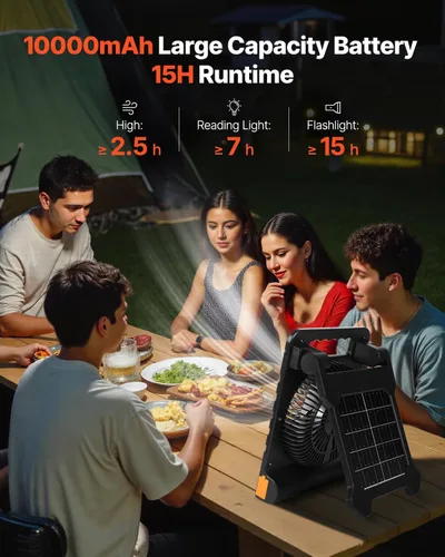 Vista 2 de VEVOR Ventilador solar recargable de 10000 mAh con linterna LED, ventilador portátil de 7 pulgadas inalámbrico con panel solar plegable de 4 W, 4