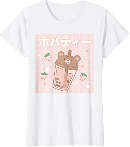 Vista 22 de Camiseta estética Kawaii con diseño de oso lindo y té con leche burbuja, talla S Blanco