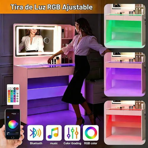 Vista 4 de Escritorio de tocador de maquillaje con espejo y luces, parte superior de Rosa