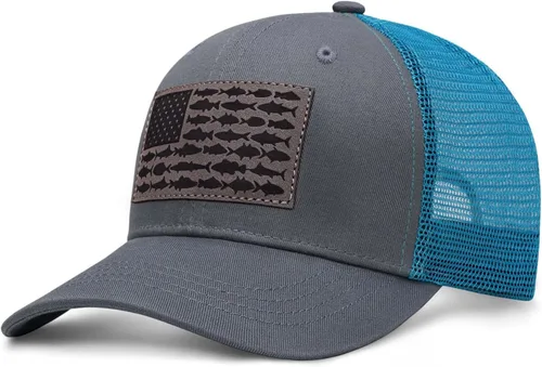 Vista 19 de Sombrero de camionero con bandera de pez estadounidense, regalos de pesca para hombres, sombrero de pesca Snapback perfecto para pesca y uso diario