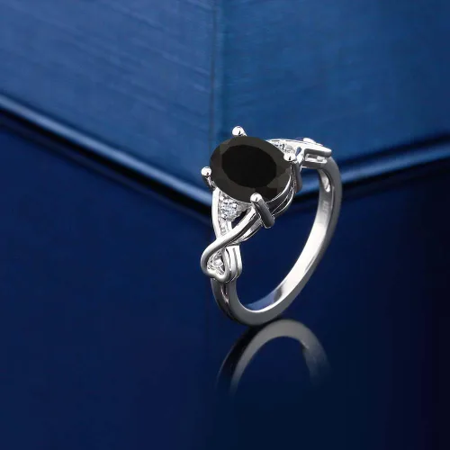 Vista 3 de Gem Stone King Anillo de compromiso de plata de ley 925 con ónix negro y topacio blanco para mujer