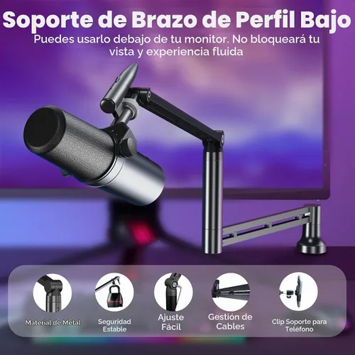 Vista 2 de CreaDream Brazo de brazo de micrófono, soporte de escritorio de bajo perfil con adaptador de tornillo, soporte para teléfono, columna de elevación
