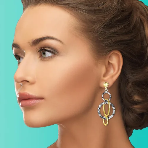 Vista 5 de UNY - Aretes colgantes inspirados en la marca, joyería de varios aros trenzados, alambre trenzado de 2 tonos, regalo de Navidad