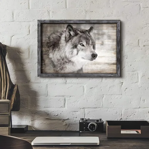 Vista 5 de Arte de Pared Enmarcado de Lobo: Pintura Moderna de Animales Salvajes de Madera Rústica Natural Imagen de Vida Silvestre Obra de Arte de Lobo Gris