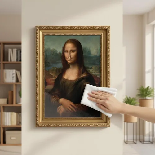 Vista 5 de Pintura clásica de Mona Lisa enmarcada en oro, arte de pared de baño, póster divertido de humor divertido para baño, impresión en lienzo de baño