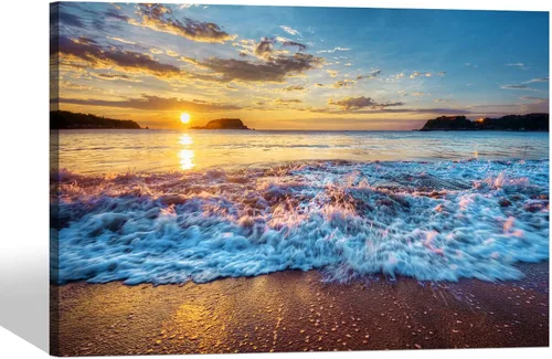 Vista 9 de Arte de Pared de Playa en Lienzo para Baño: Obra de Arte Impresa de Puesta de Sol Costera y Océano, Escena Marina Moderna, Imagen de Paisaje Marino