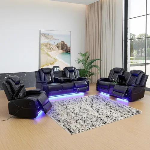 Vista 6 de Sillón reclinable eléctrico para sala de estar, silla reclinable de cuero con LED/almacenamiento, muebles reclinables de 1 plaza, sofá de cuero Negro